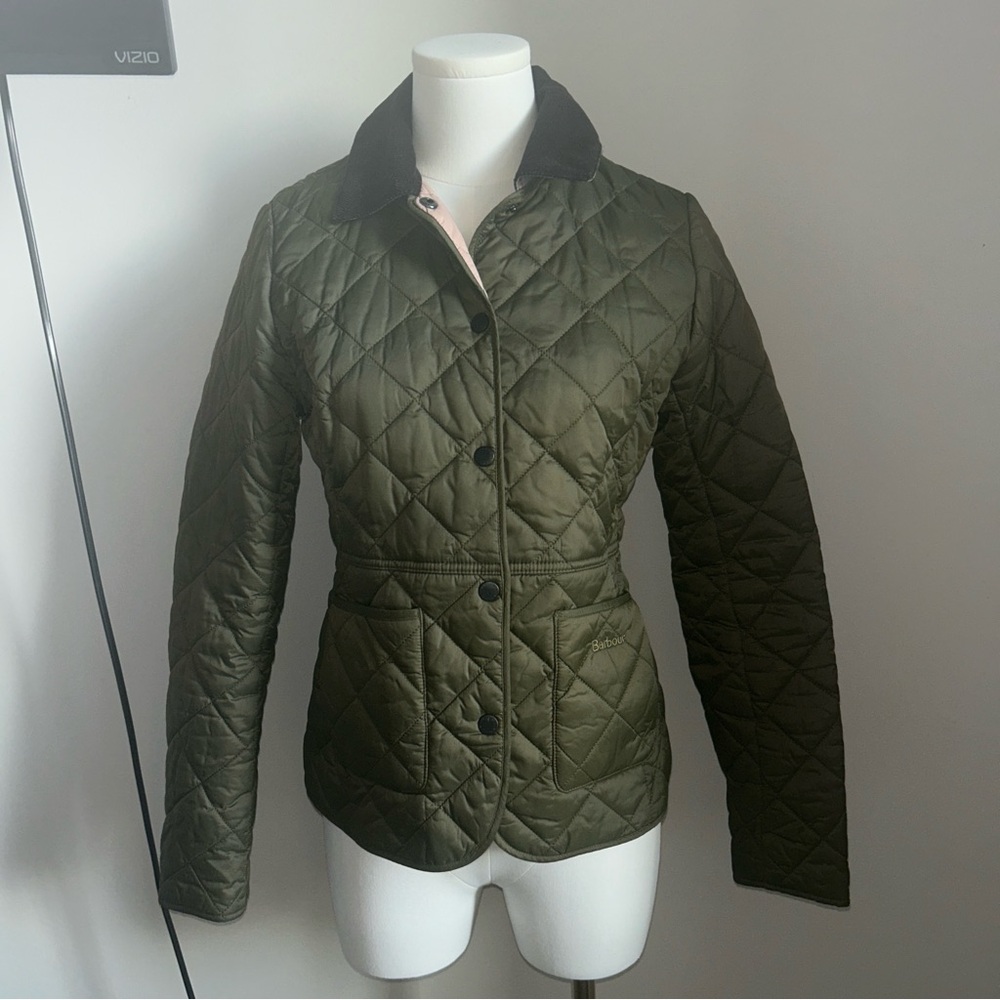 Barbour Reversible Quilted Jacket Olive & Blush Tartan Trim US (4) UK (8) Small